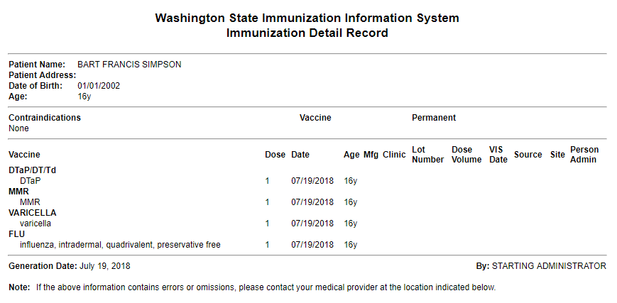 Example Immunization Detail Record report for Washington