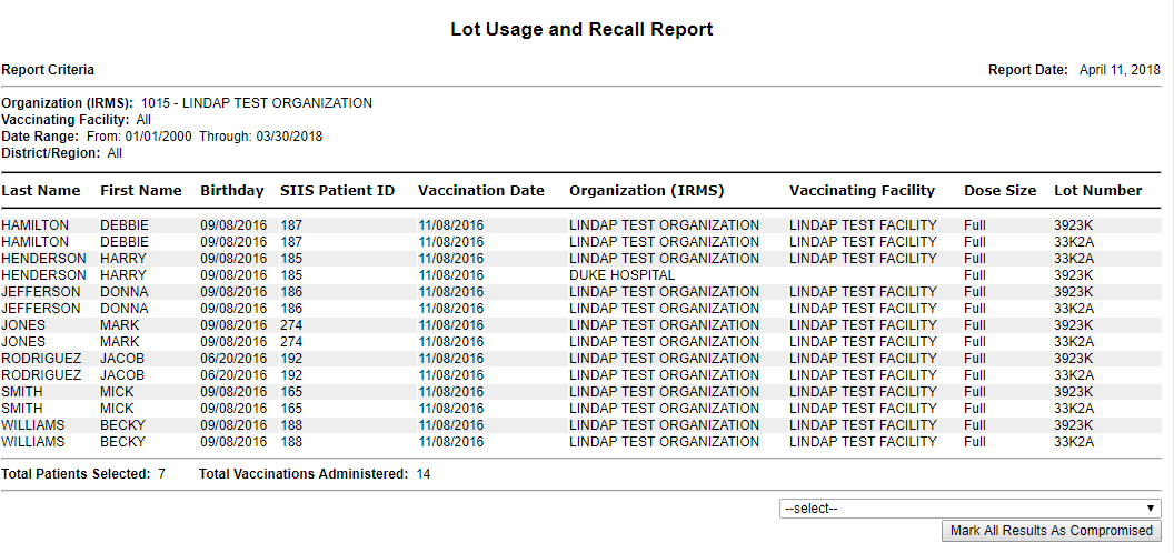 Example Lot Usage and Recall Report