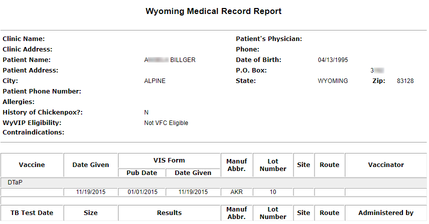 Example Medical Record report for Wyoming