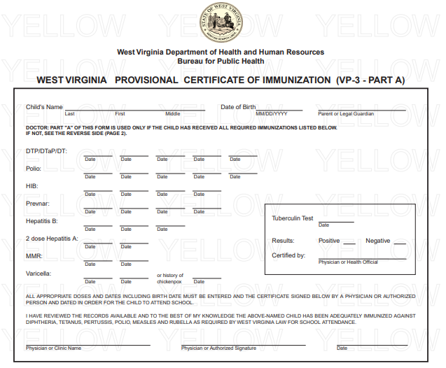 Example first page (Part A) of a Provisional Certificate of Immunization for West Virginia