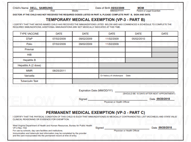 Example second page (Part B) of a Provisional Certificate of Immunization for West Virginia