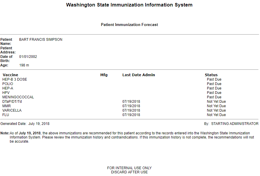 Example Patient Immunization Forecast report for Washington