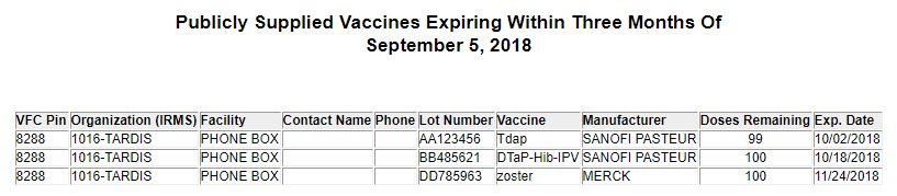 Example Publicly Supplied Vaccines Nearing Expiration report for West Virginia