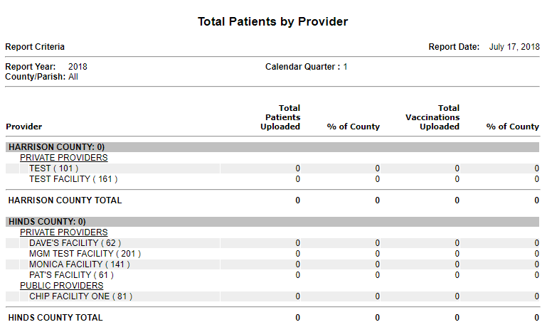 Example Total Patients by Provider report