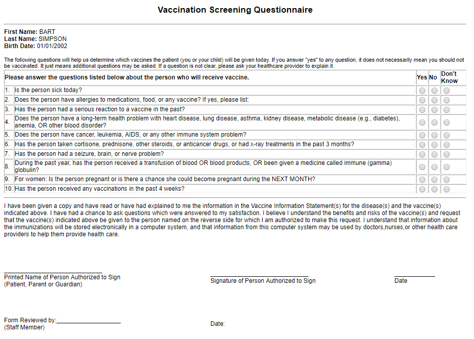 Example Vaccination Screen Questionnaire for Washington