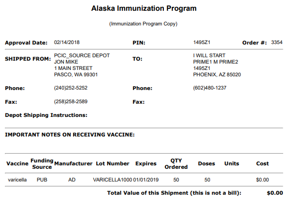 Example Vaccine Shipping Invoice